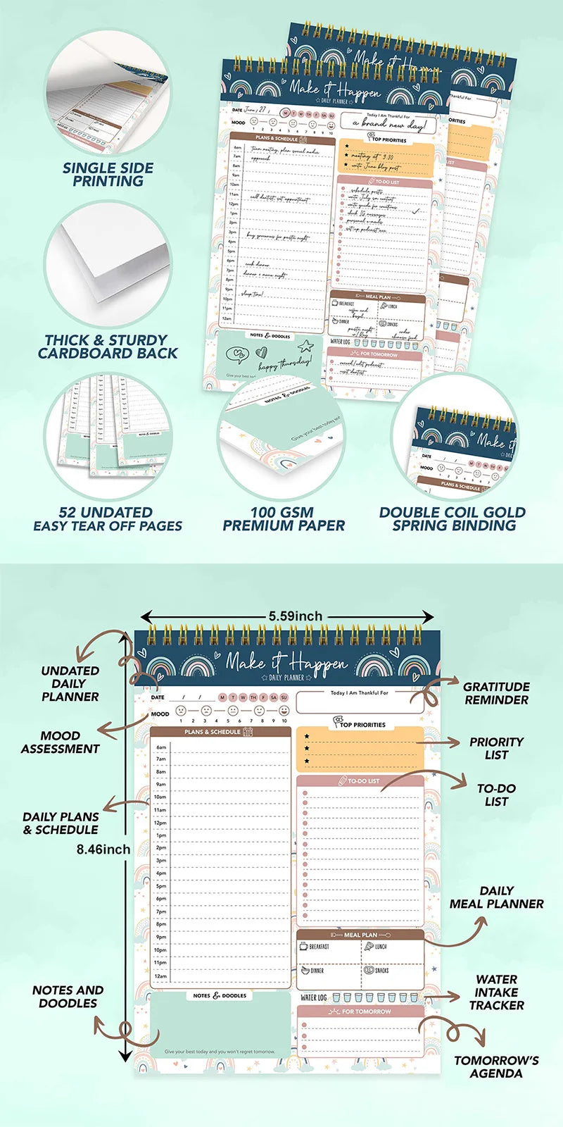 52 Daily Planner Sheets 6.5x10in Spring-Bound Notepad