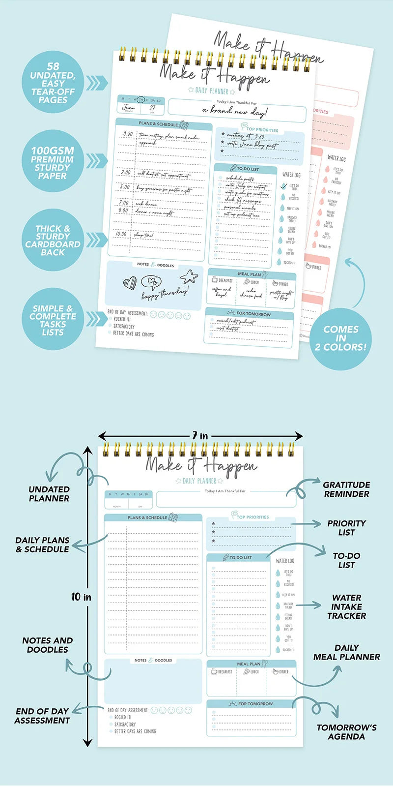 52 Daily Planner Sheets 6.5x10in Spring-Bound Notepad