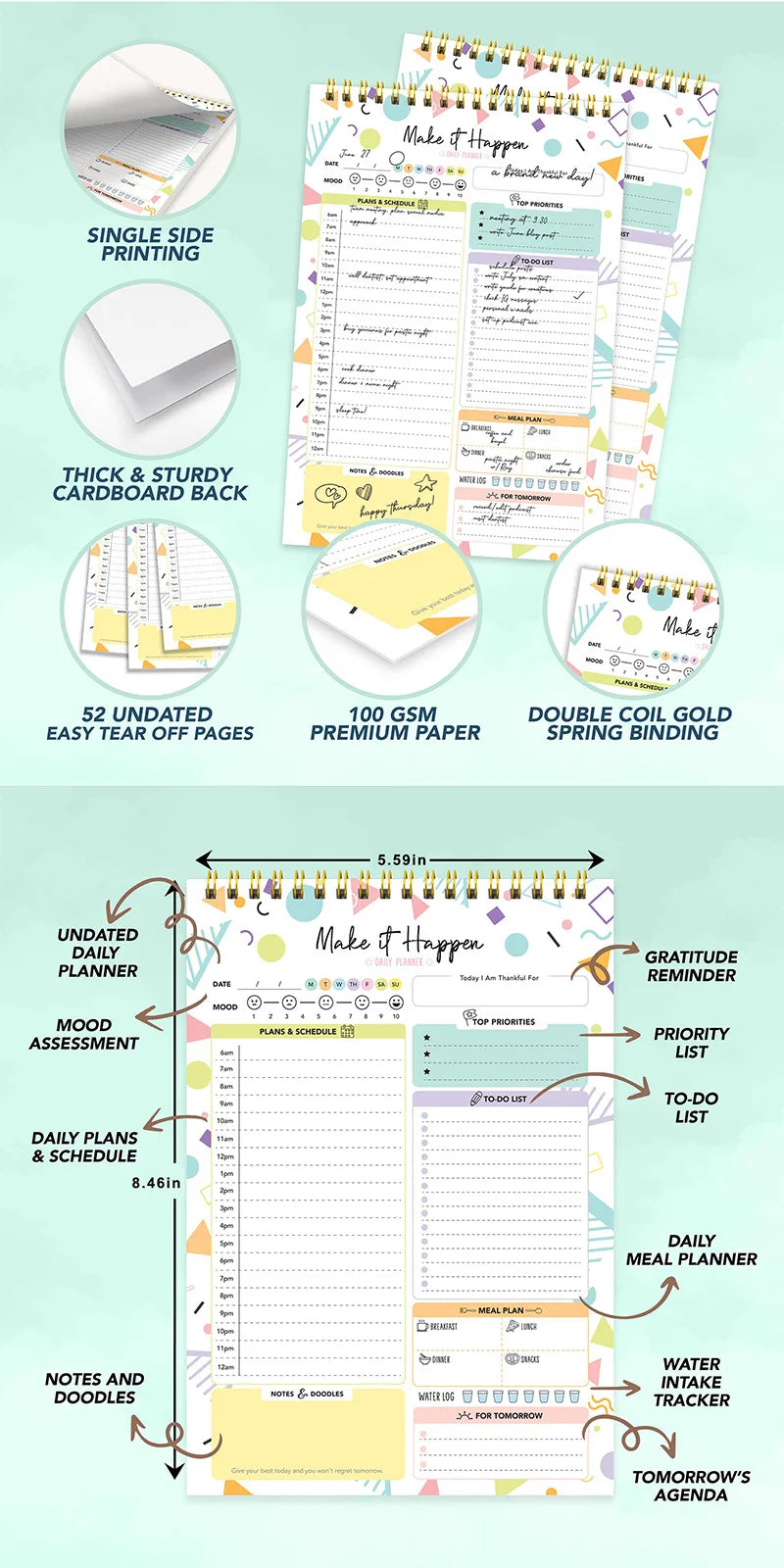 52 Daily Planner Sheets 6.5x10in Spring-Bound Notepad