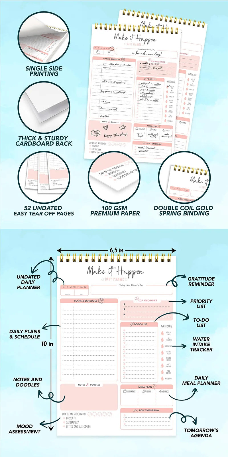 52 Daily Planner Sheets 6.5x10in Spring-Bound Notepad